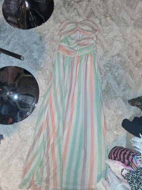 Strapless Pastel Stripe Maxi Dress in Pink, Mint, and White